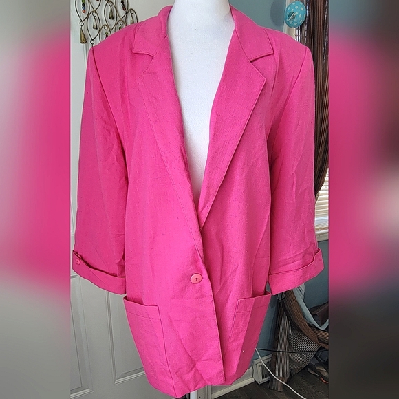 Kenneth Mitchell Jackets & Blazers - Vintage 80's Oversized Blazer Women's 14 Pink Cropped Sleeve Linen Like w/ Pocke